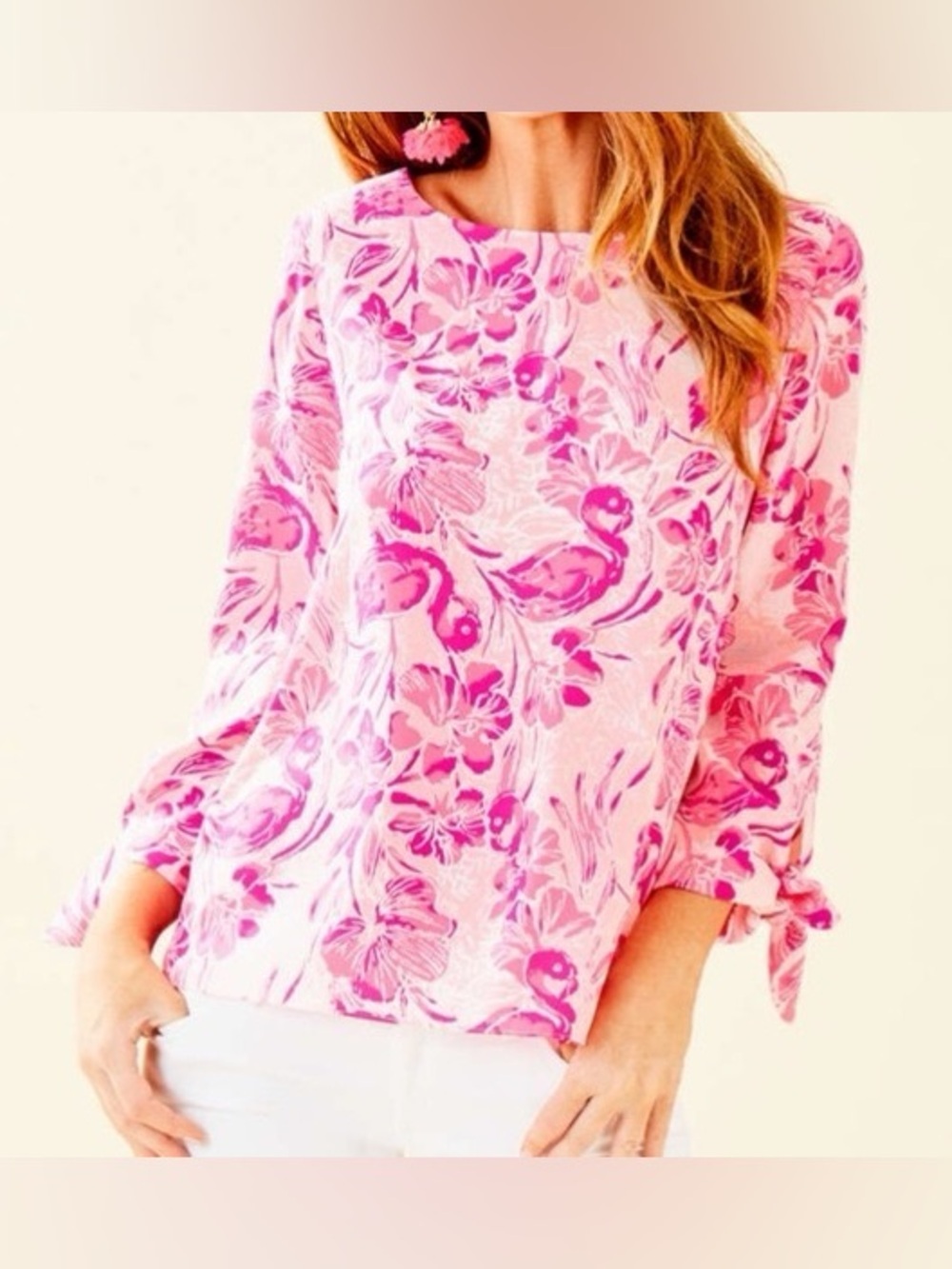 Lilly Pulitzer Langston Top Pink Flamingo with Bow-Tie Sleeves, Size Small